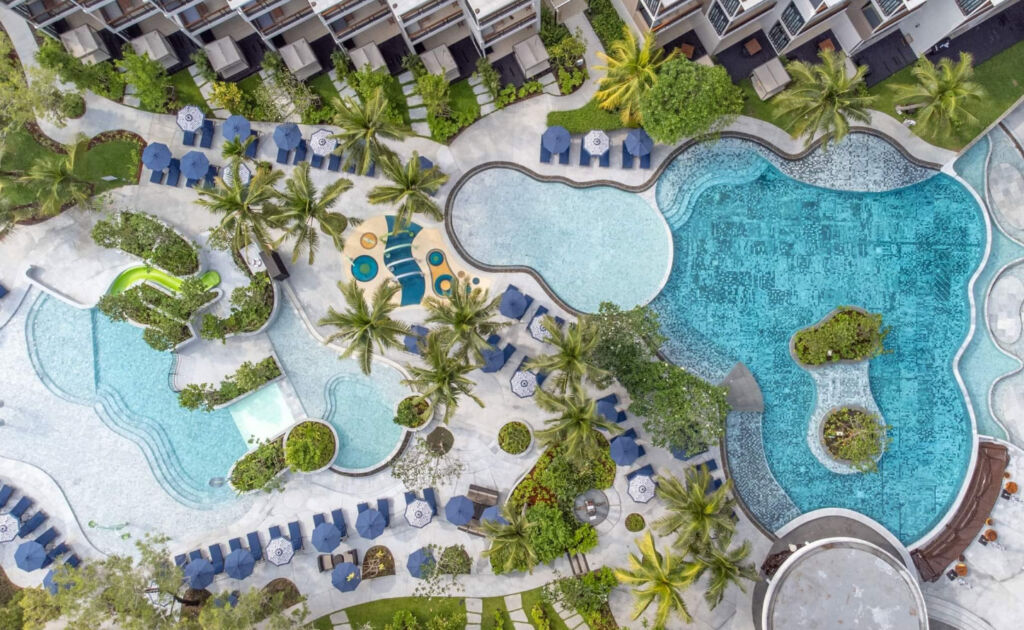 A top down view of the swimming pools at the resort