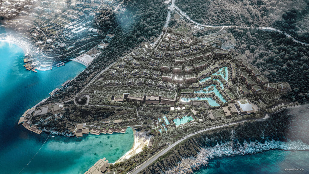 An aerial rendering showing the position of the resort on the coast