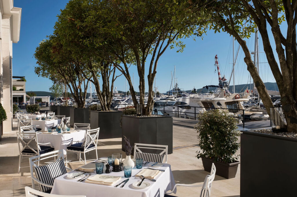 The restaurant's outdoor terrace by the water