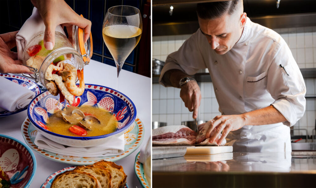 Two photographs, one of a dish being served from a jar and the other of a chef preparing a fresh fish