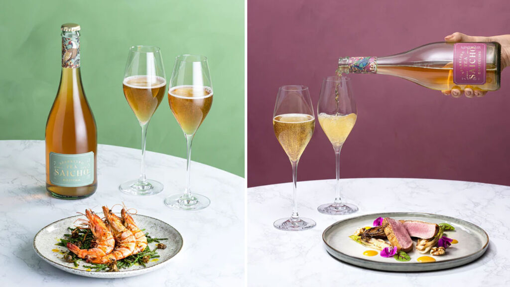 Two images showing the sparkling teas being paired with food