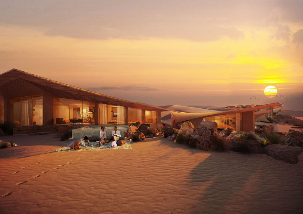 The exterior of one of the luxurious villas at sunset