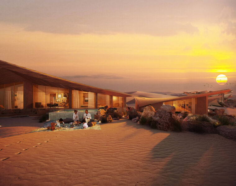 The exterior of one of the luxurious villas at sunset