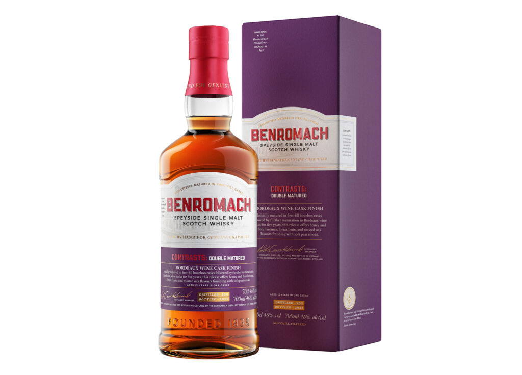 A bottle of Benromach Double Matured Bordeaux Wine Cask Finish next to its purple coloured box