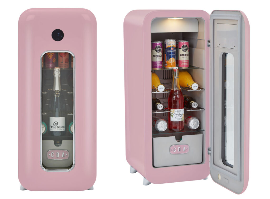 Two photographs of the wine cooler in Tea Rose colour, one with the door closed and the other with it open