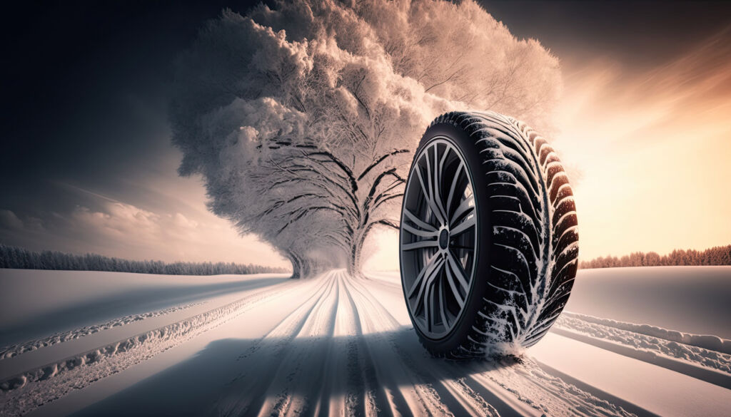 A car tyre on a snowy and icy road