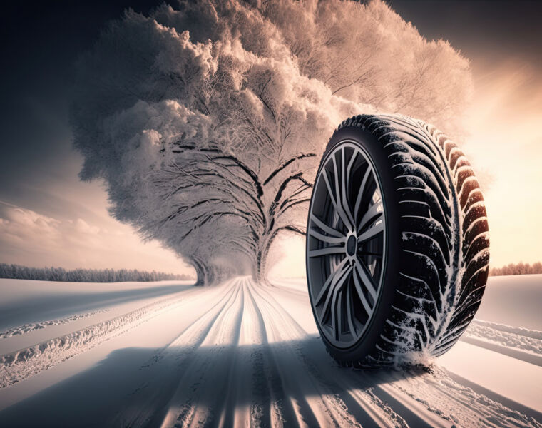 A car tyre on a snowy and icy road