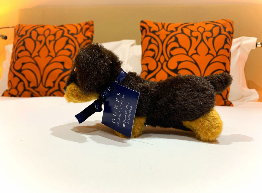 The hotel's toy stuffed dog Dukesy placed one one of the guest beds