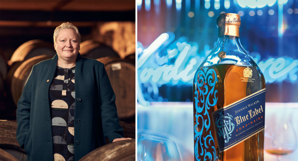 A photo of Emma next to the casks in the cellar and one of the label on the bottle