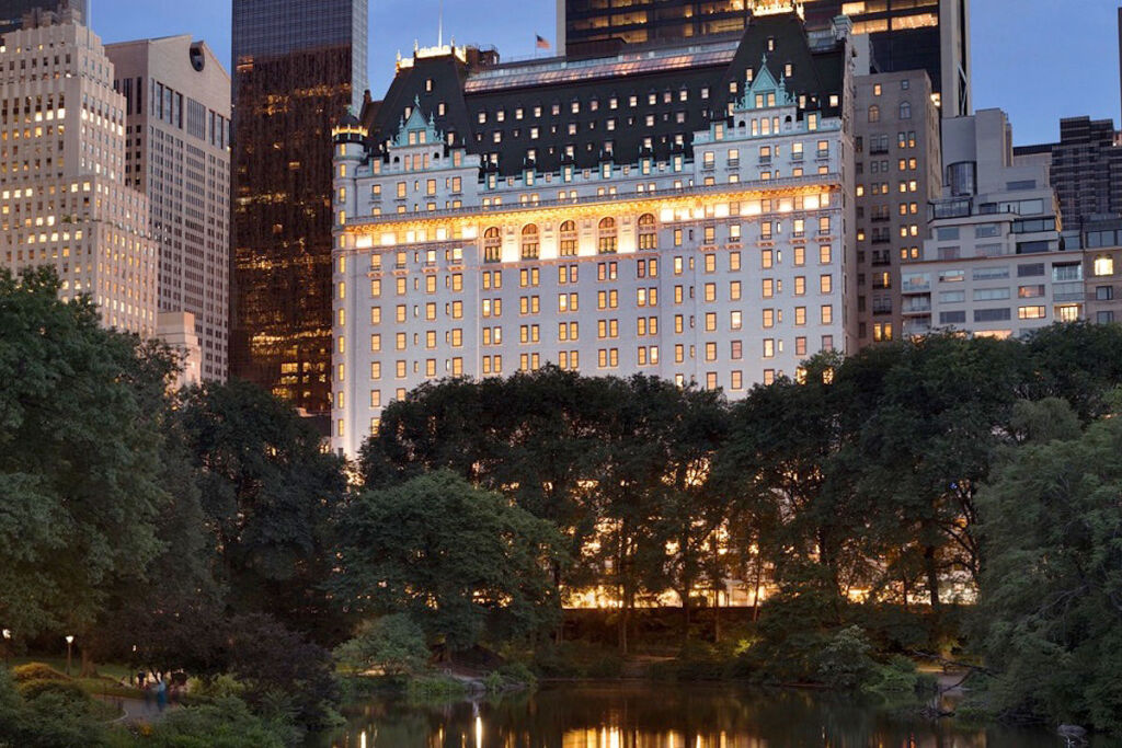 The exterior of The Plaza Hotel at night