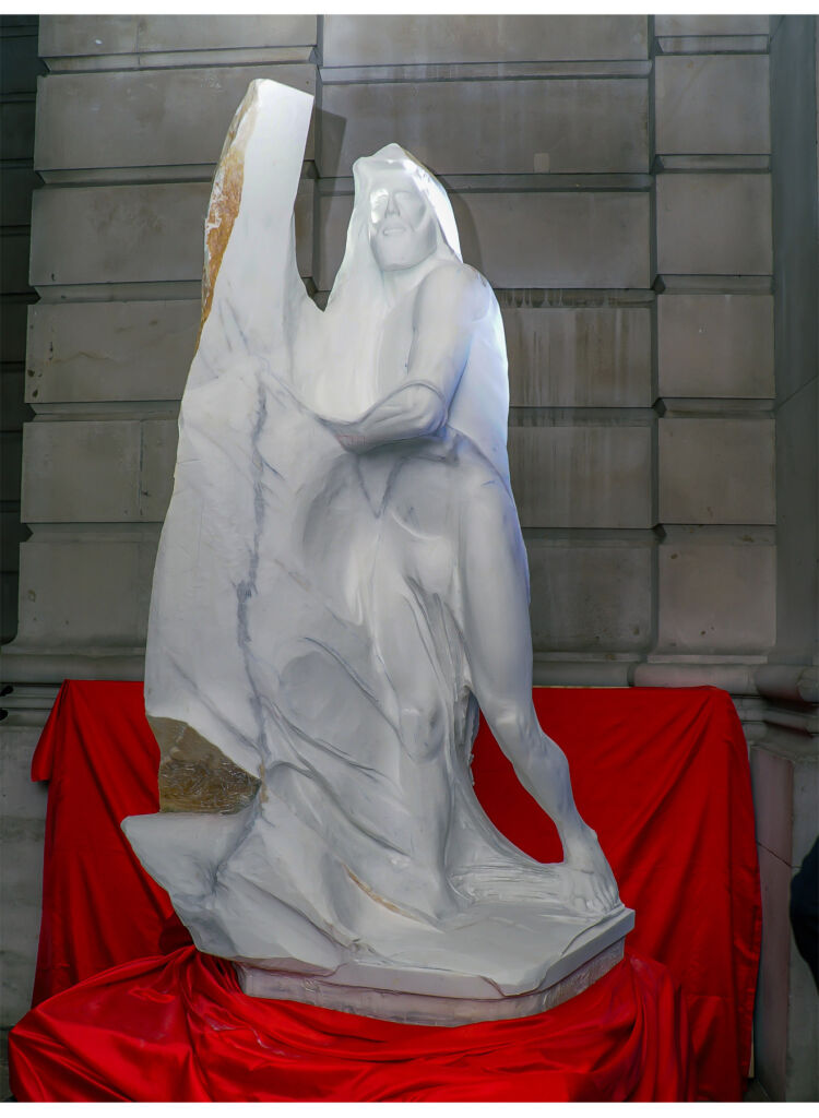 The partly finished sculpture at its unveiling in London