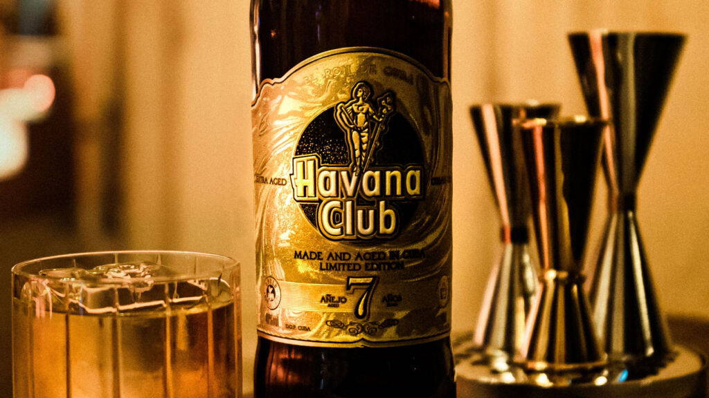A close up view of the gold embossed label on the bottle