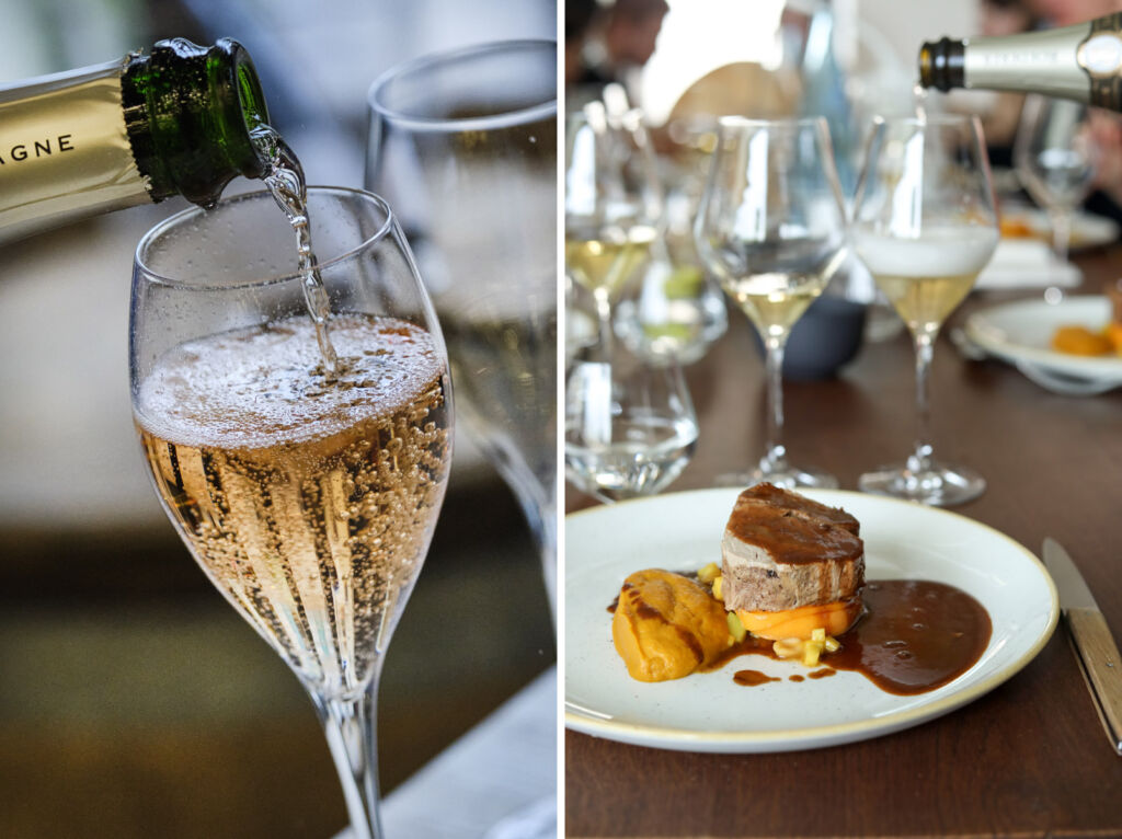 Two photographs, the first showing a a glass being filled and the second showing champagne being enjoyed with a meal