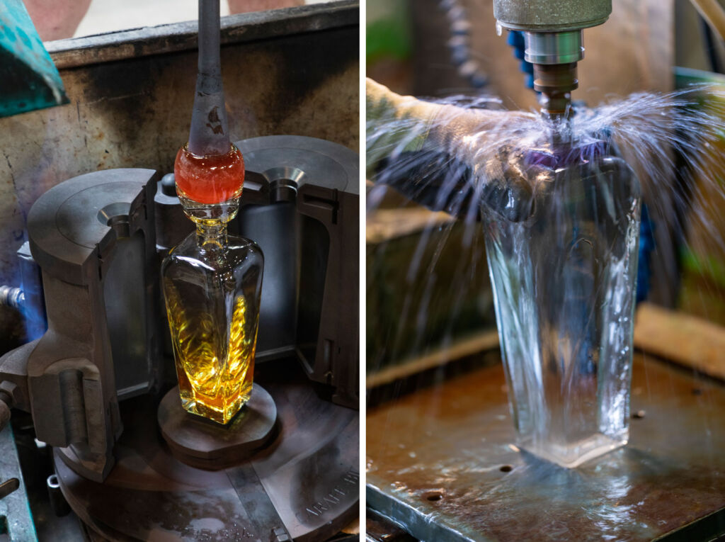 Two photos showing the making of the Decanter at the Lalique Factory