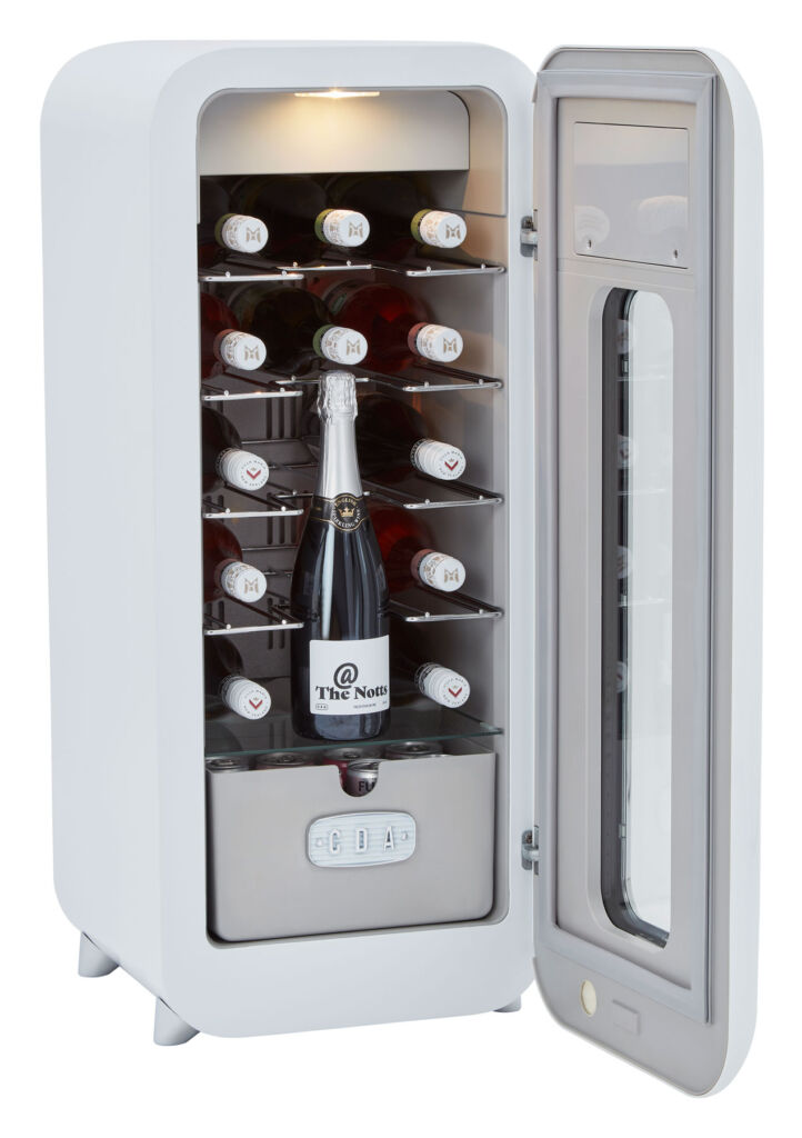 A photograph showing a fully stocked wine cooler