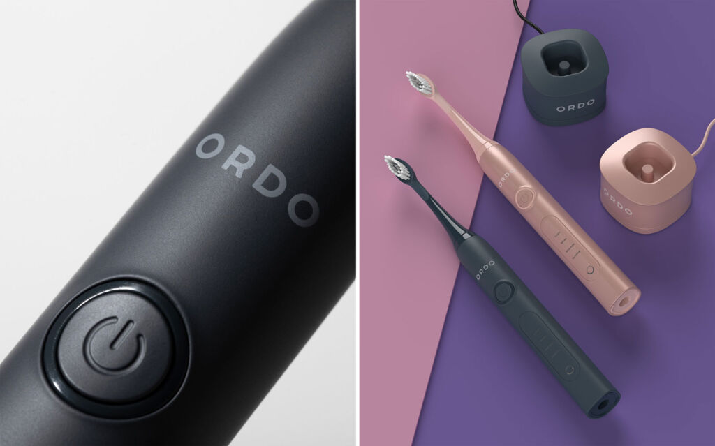 Two photographs showing close up details on the sonic toothbrush