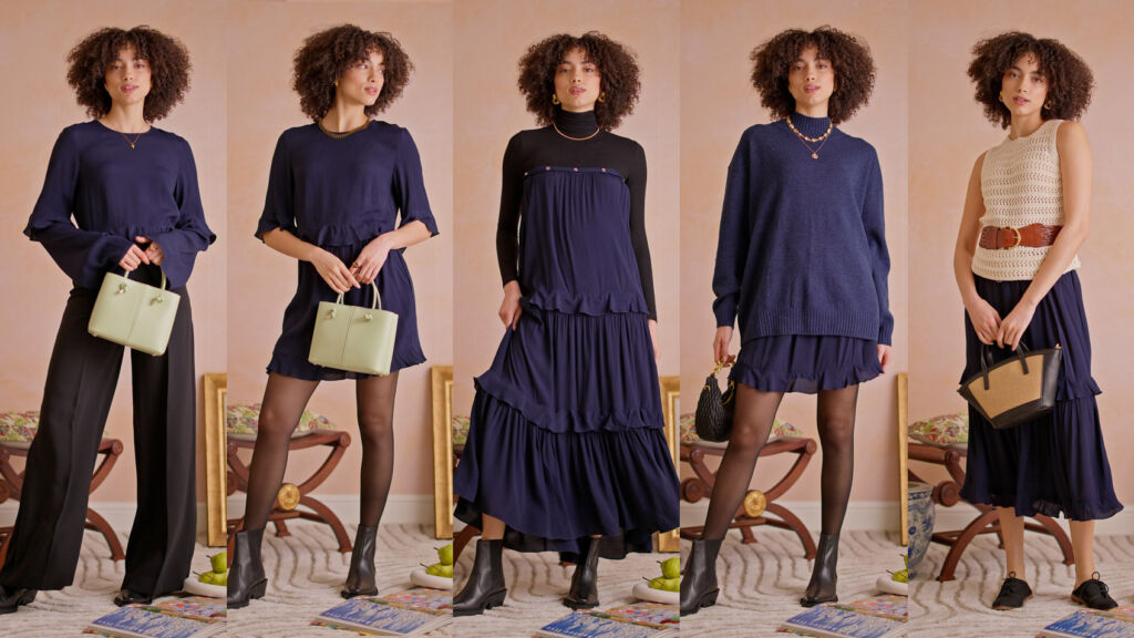 A montage of five images showing a blue version of the dress being worn in five ways