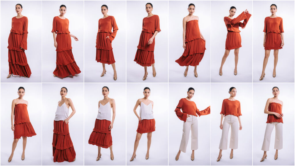 A montage of a model wearing the Foxy Red version of the dress being worn in the full fourteen ways