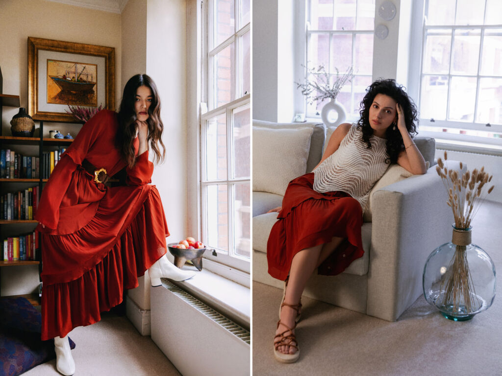 Two photographs of models wearing the Foxy Red coloured dress in a casual setting