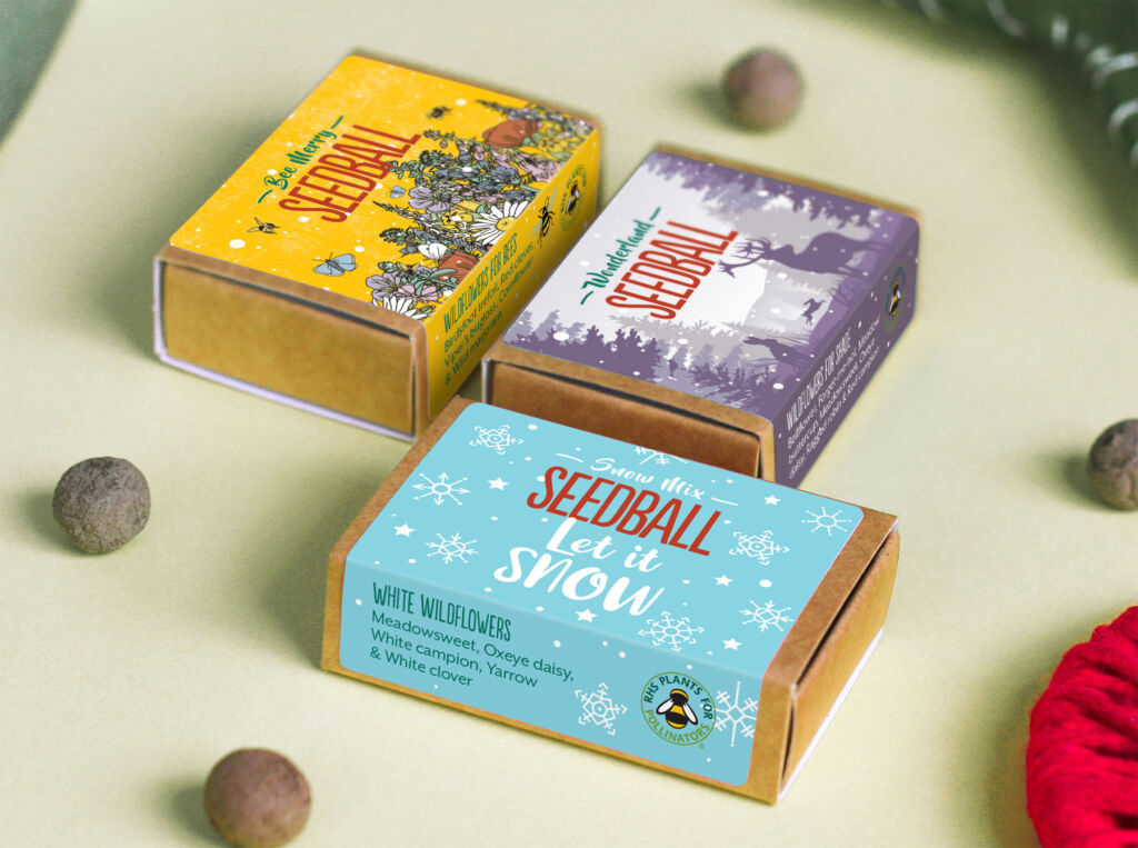 A photograph of the three festive varieties of seed balls