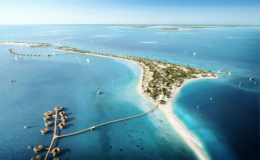 An aerial rendering of the island resort