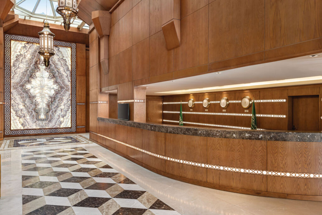 The hotel's wood-panelled lobby