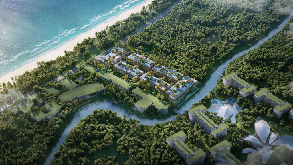 An aerial rendering showing the developments close proximity to the beach