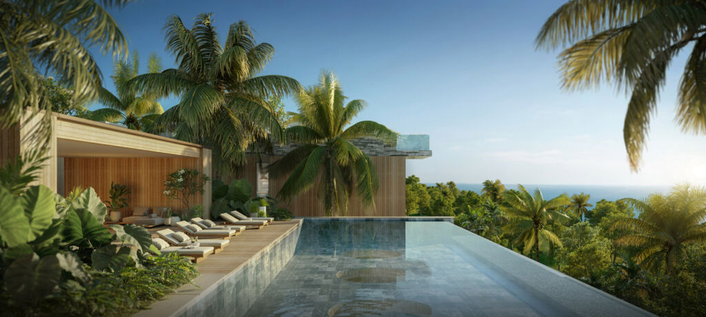 A rendering of an infinity pool with views across the jungle