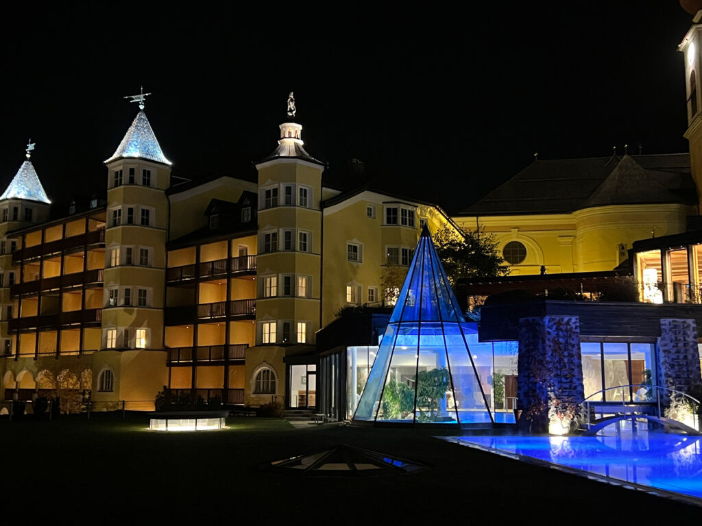 The exterior of the property at night