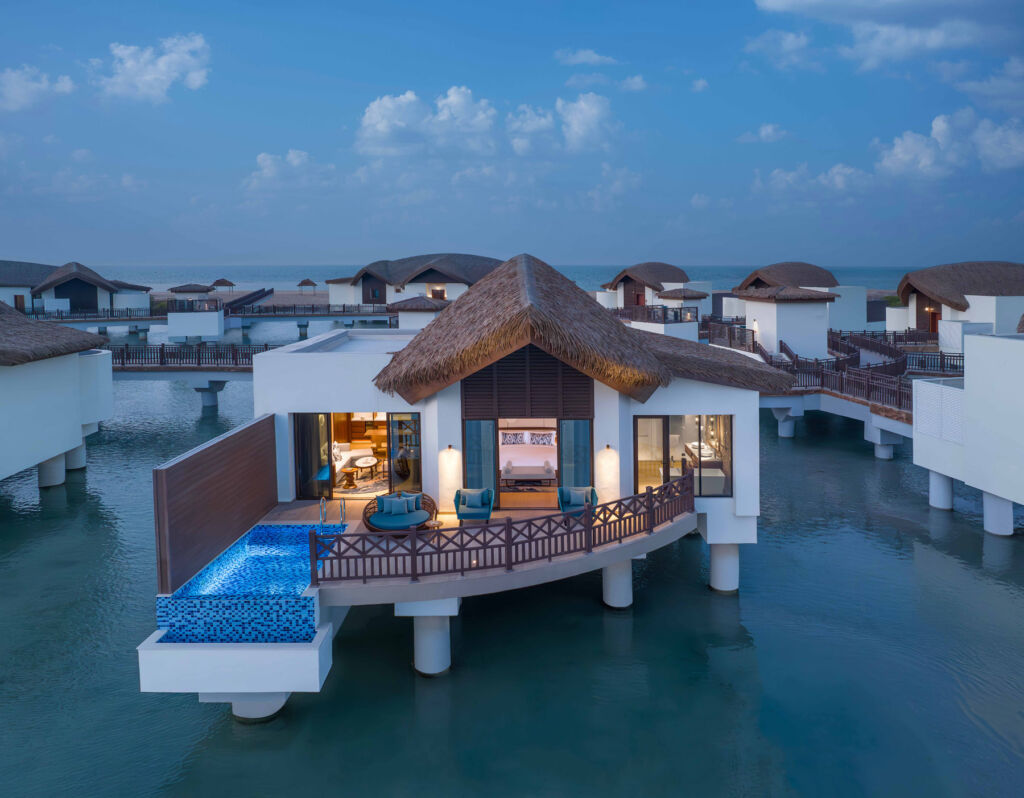 One of the over water villas at night