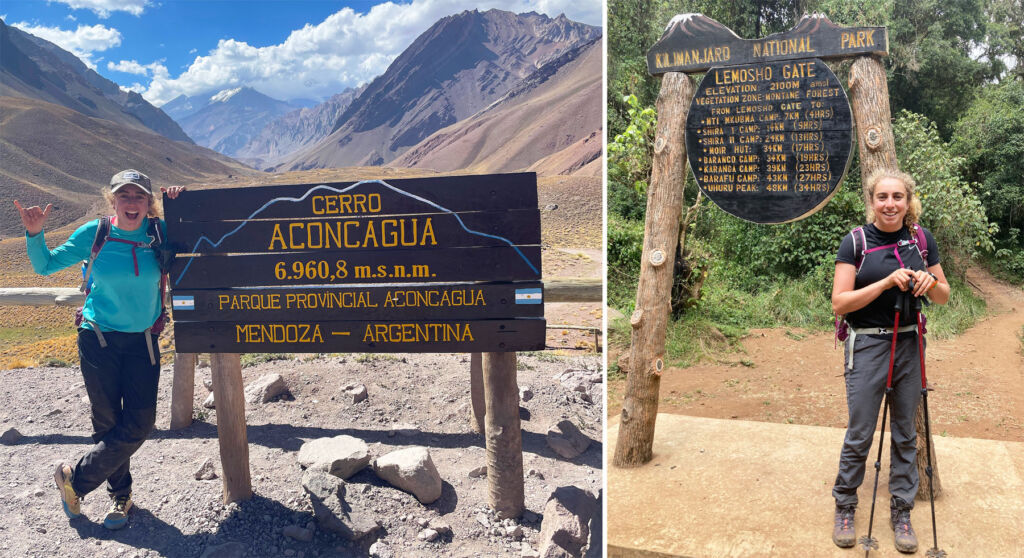 Andy standing by the sign at Cerro Aconcagua and by the entry sign at Kilimanjaro National Park