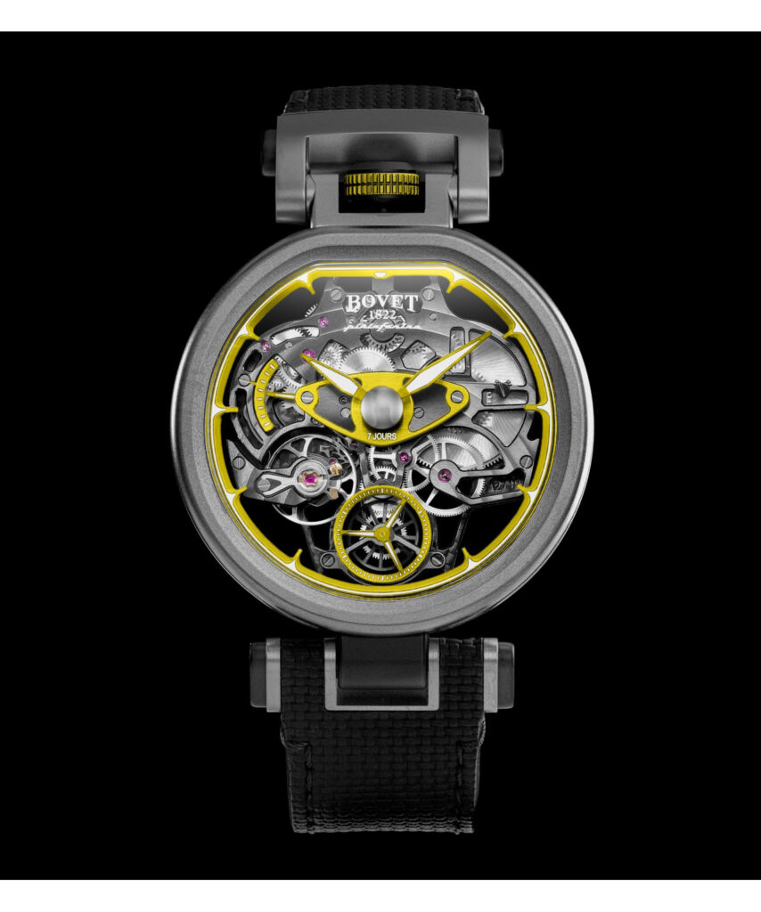 A photograph of the yellow coloured version of the timepiece