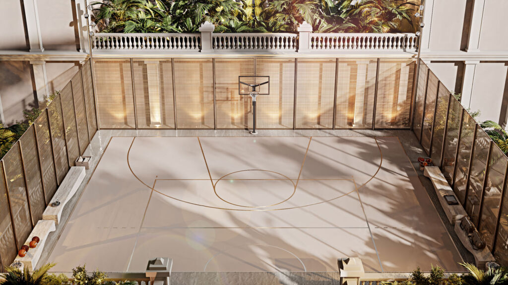 An elevated view of the Basketball Court at the property