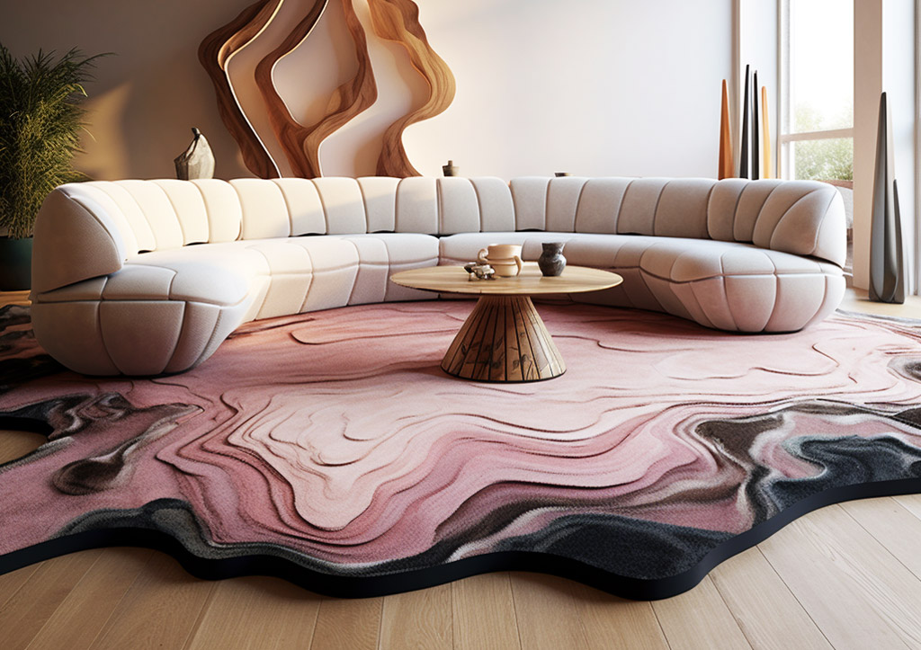 An irregular shaped rug, which looks as if it is made of multiple stacked layers