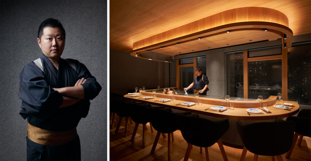 Two photographs of Head Chef Yoshiyuki Sato in the restaurant