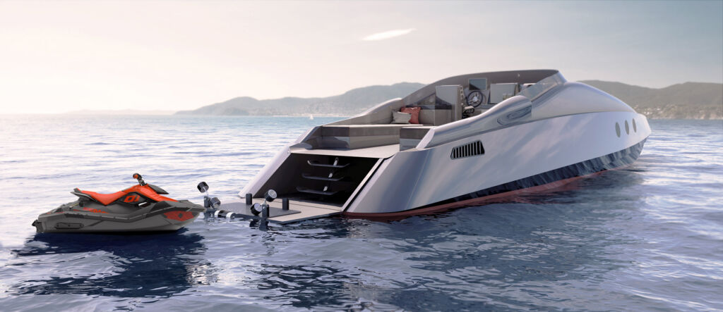 A rendering showing the boat towing a jet ski
