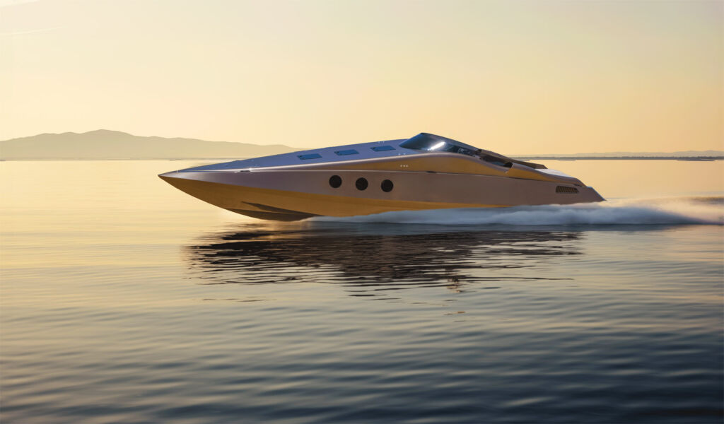 A rendering showing a side view of the boat travelling at speed
