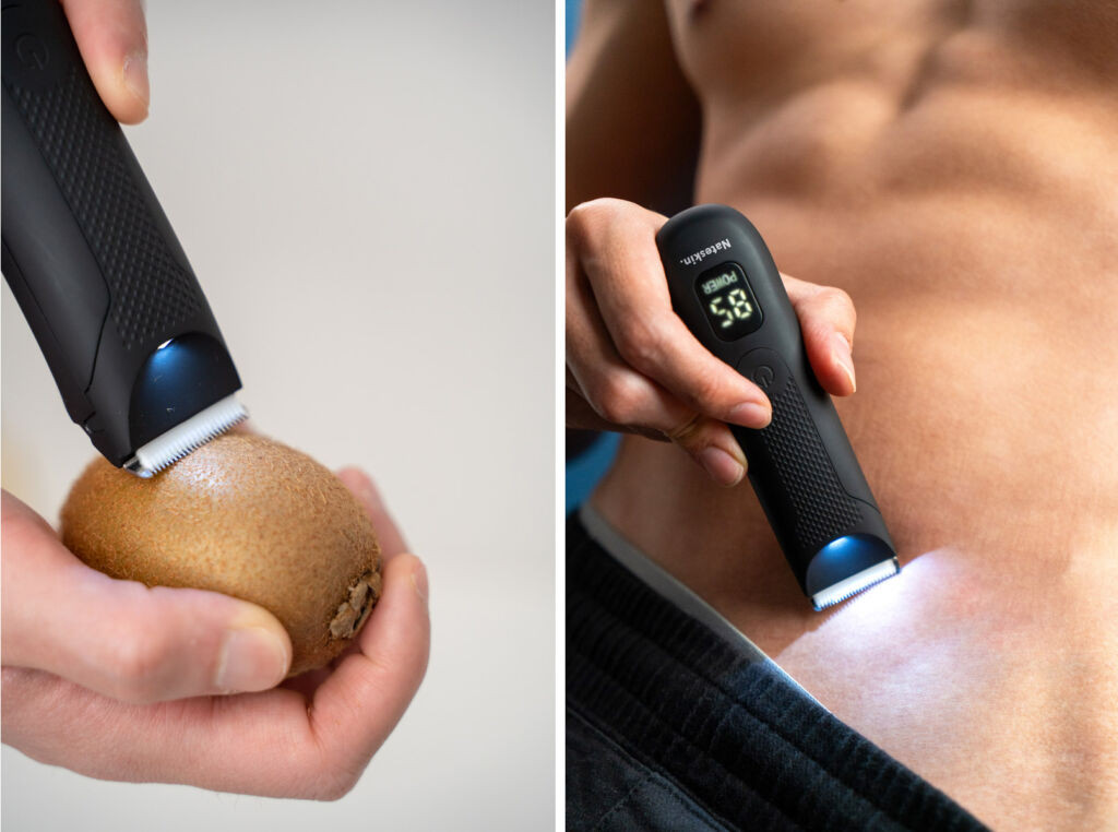 Two photographs of the hair trimmer, one being used on delicate fruit, the other being used on a mans torso