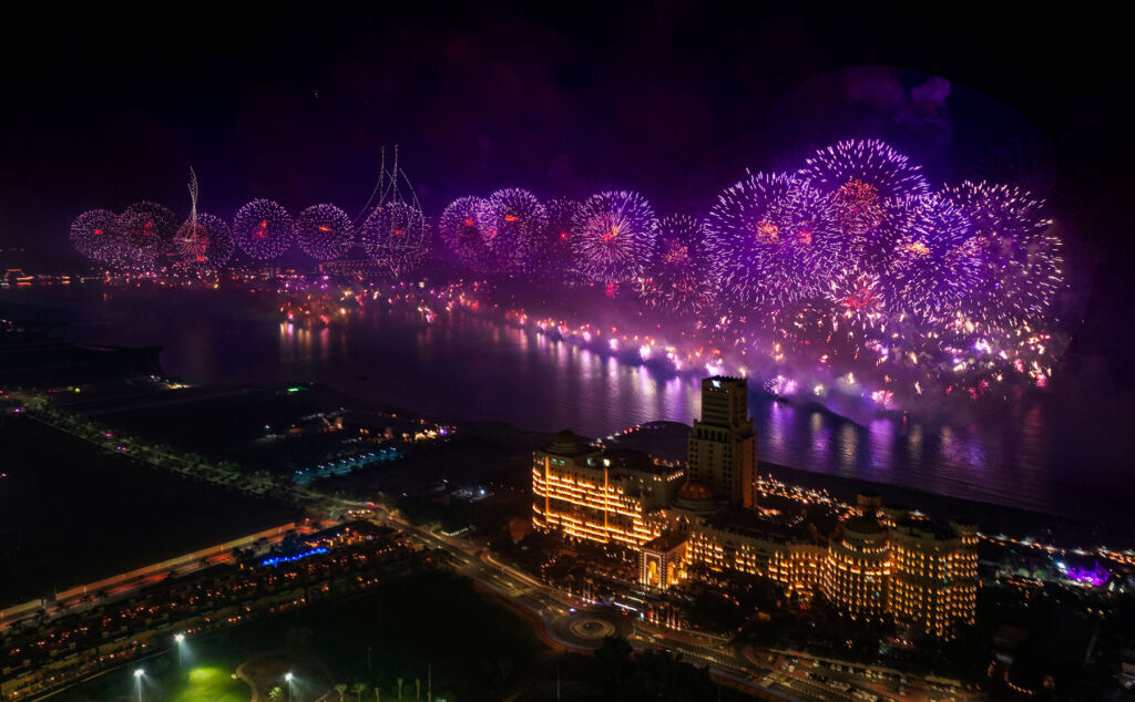 An aerial view of some of the fireworks being set off on the waterfront