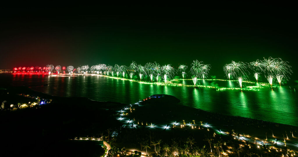 A wide angle view of the floating fireworks