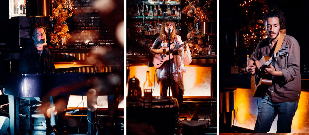 Three photographs showing the individual artists performing at the world renowned hotel