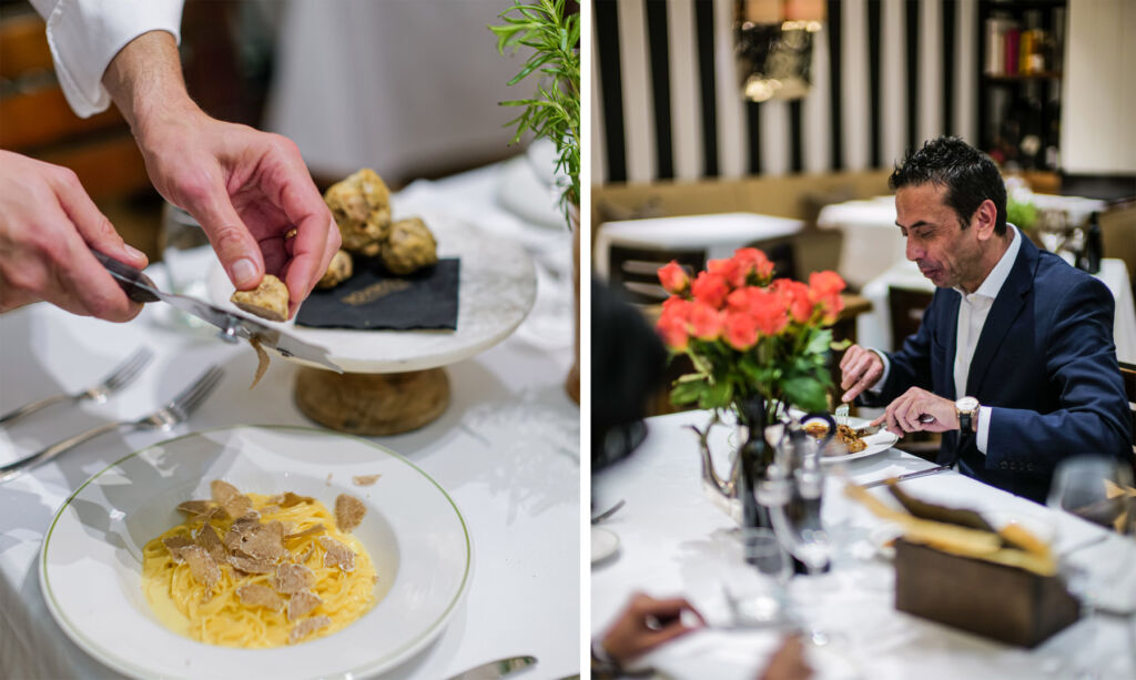 Two photographs, one of truffle being shaved onto pasta, the other of a male diner enjoying a meal in the restaurant