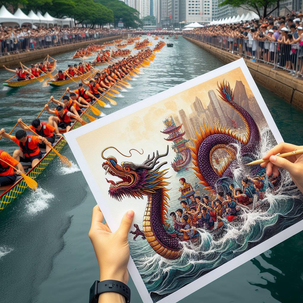 A man drawing an image of the Dragon Boat Festival. Please note that this image was created by artificial intelligence