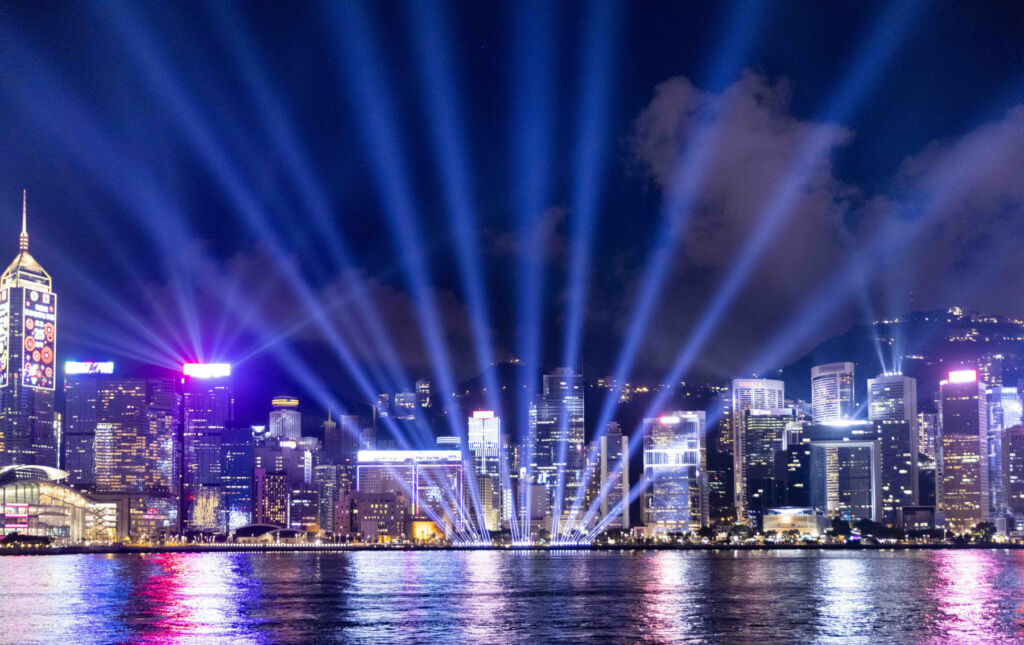 Beams of light projected into the night sky at the renowned harbour