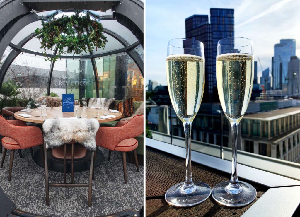 Two photographs, one of the interior of the igloo, the other of two full champagne flutes with the London skyline in the background