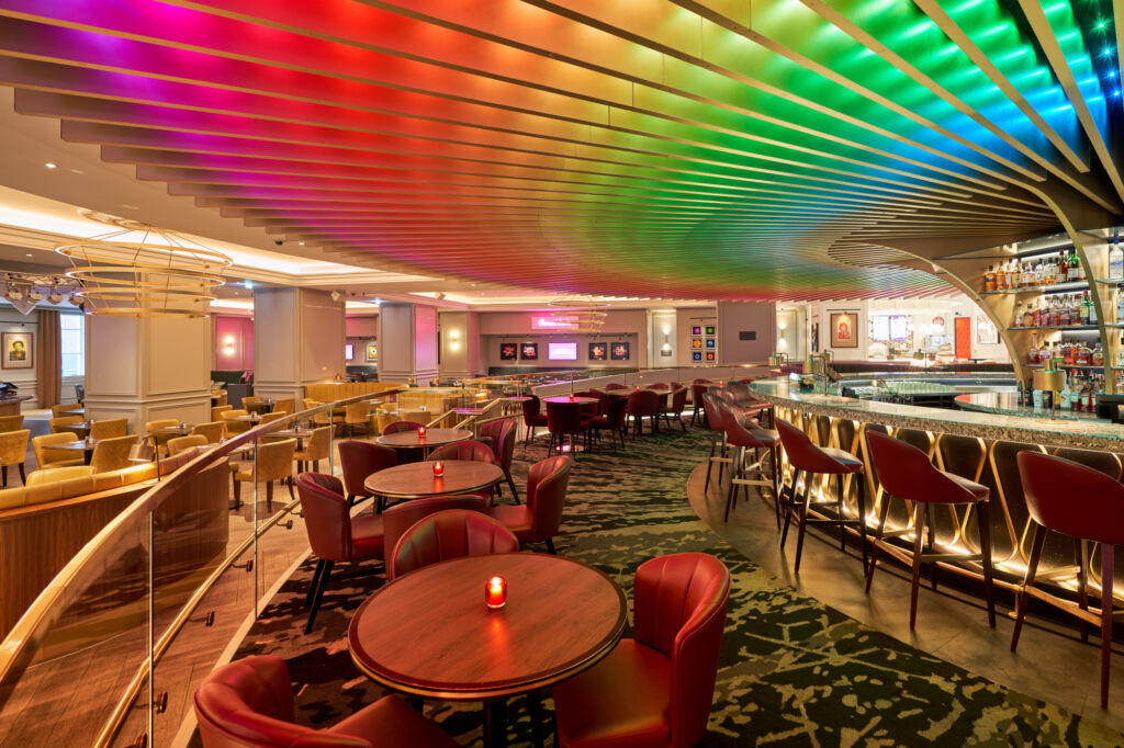The colourful lounge and bar area inside the hotel