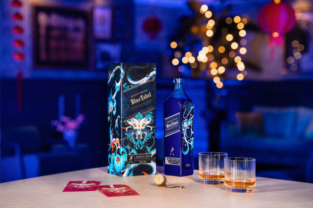 A bottle of the Johnnie Walker Blue Label Lunar New Year Limited Edition Design on a celebratory themed table