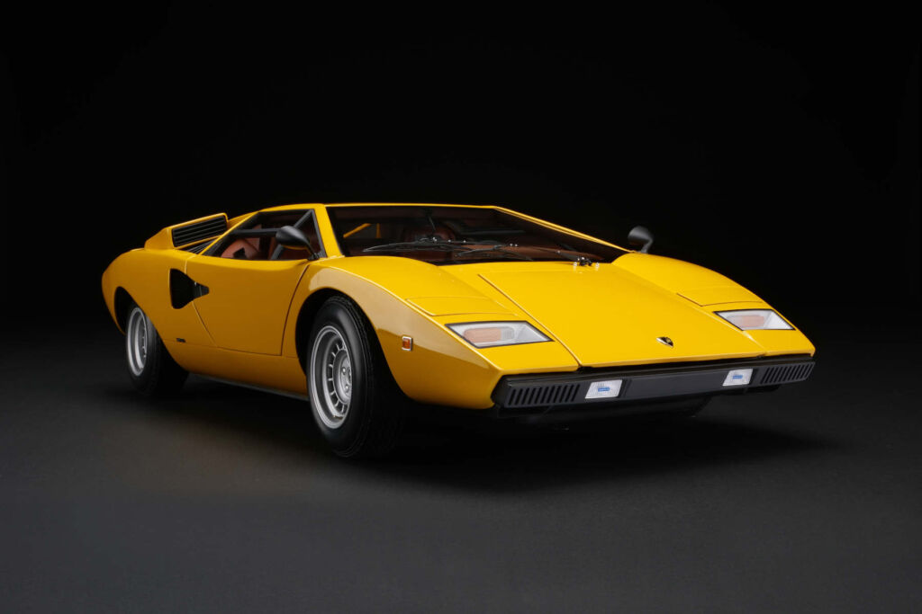 A front view of the new Countach model in a yellow paint scheme