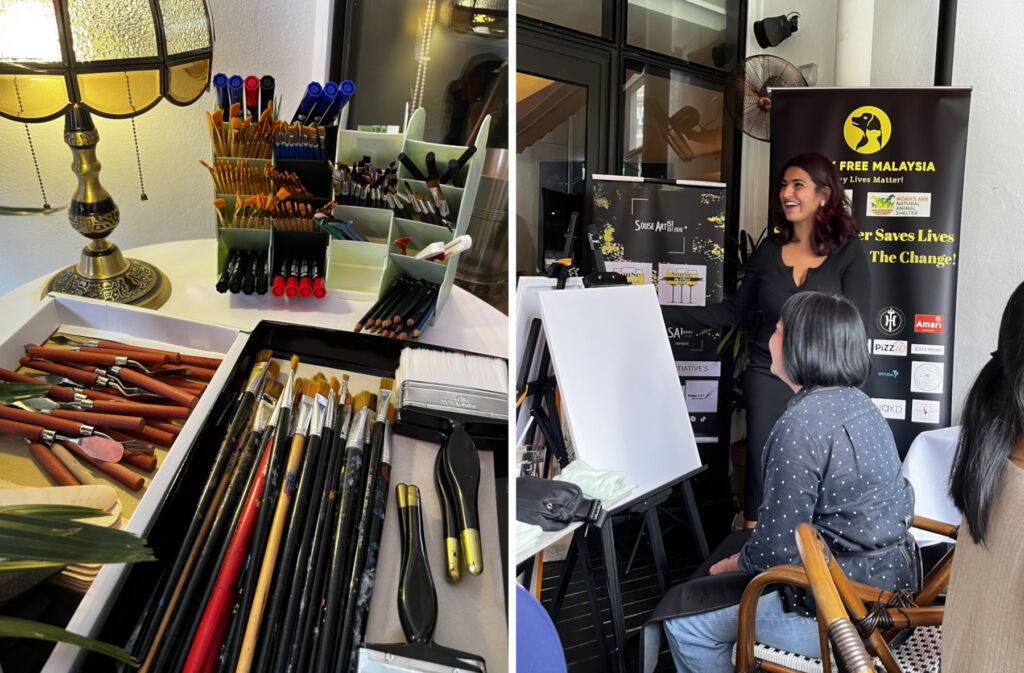 Two photographs, one of oil paints and brushes, the other of Raneeta having fun with class attendees