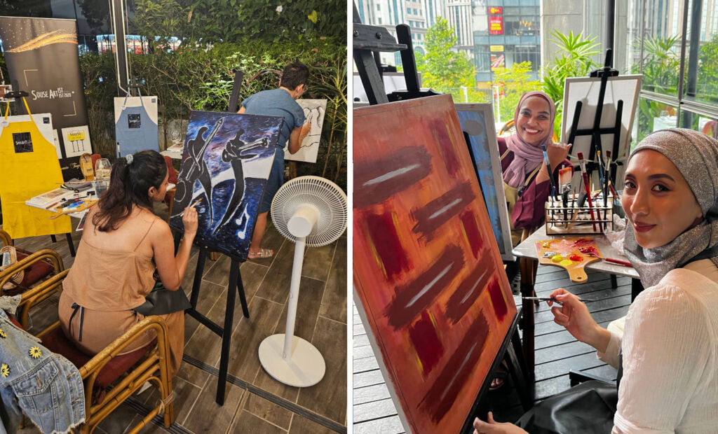 Two photographs of the artists focusing on painting